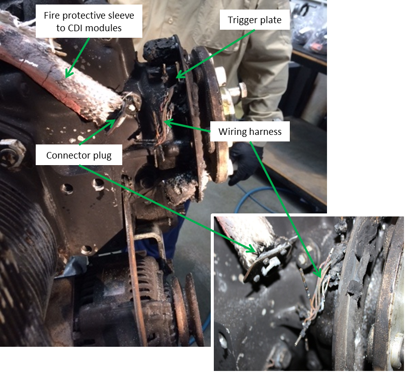 Figure 7: Disconnected engine timing trigger plate wiring and connector plug (engine positioned upright)